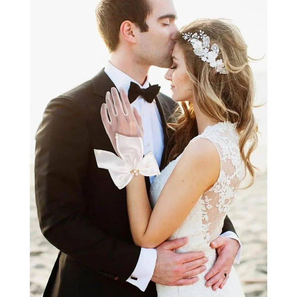 Women's Pearl Bow White Sheer Gloves Bridal Wedding Party Prom Accessory